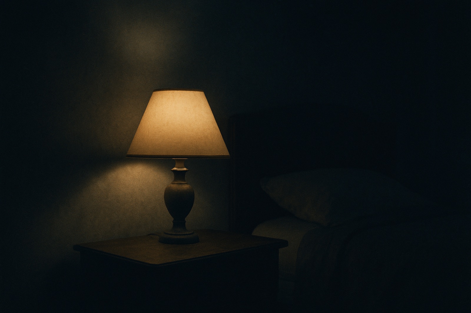 a dimly lit bedside lamp creating a warm, cozy atmosphere