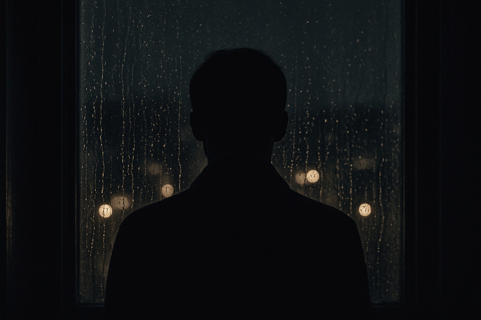Black and white silhouette of a person in a hat at a window gazing at the cityscape.