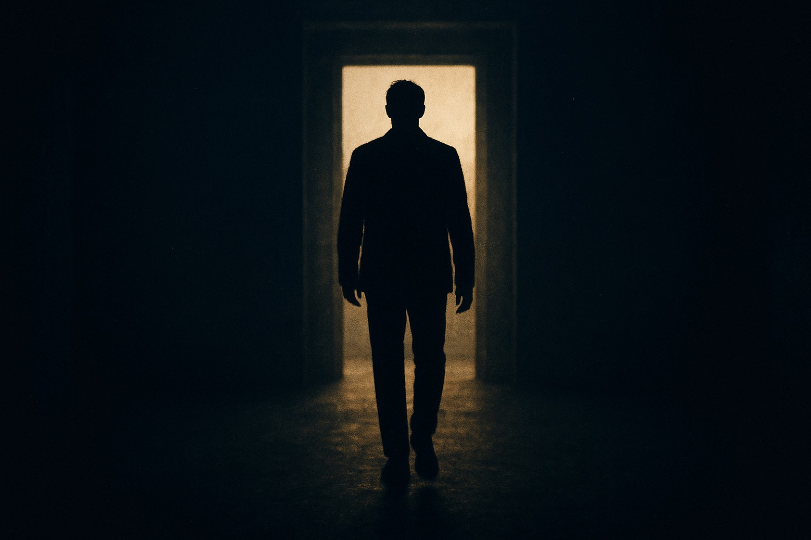 A surreal scene with a silhouetted man approaching a bright arched doorway in a dark room.